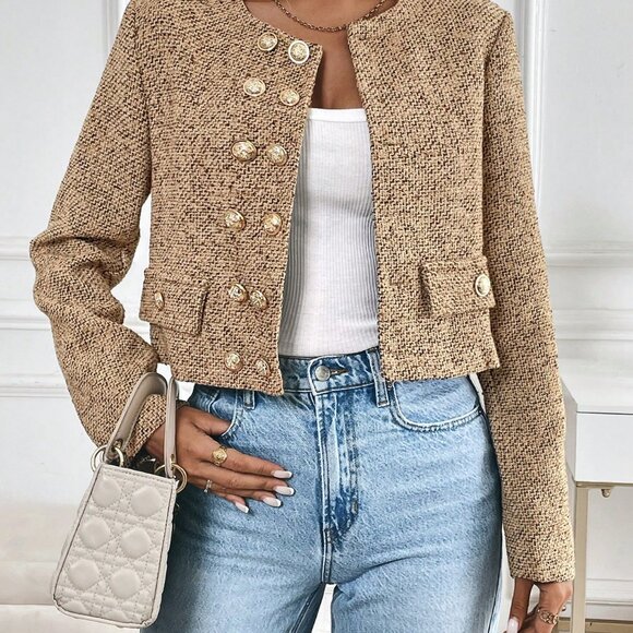 Brown Elegant Women's Metal Double-Breasted Long Sleeve Short Woollen Coat - Picture 3 of 5